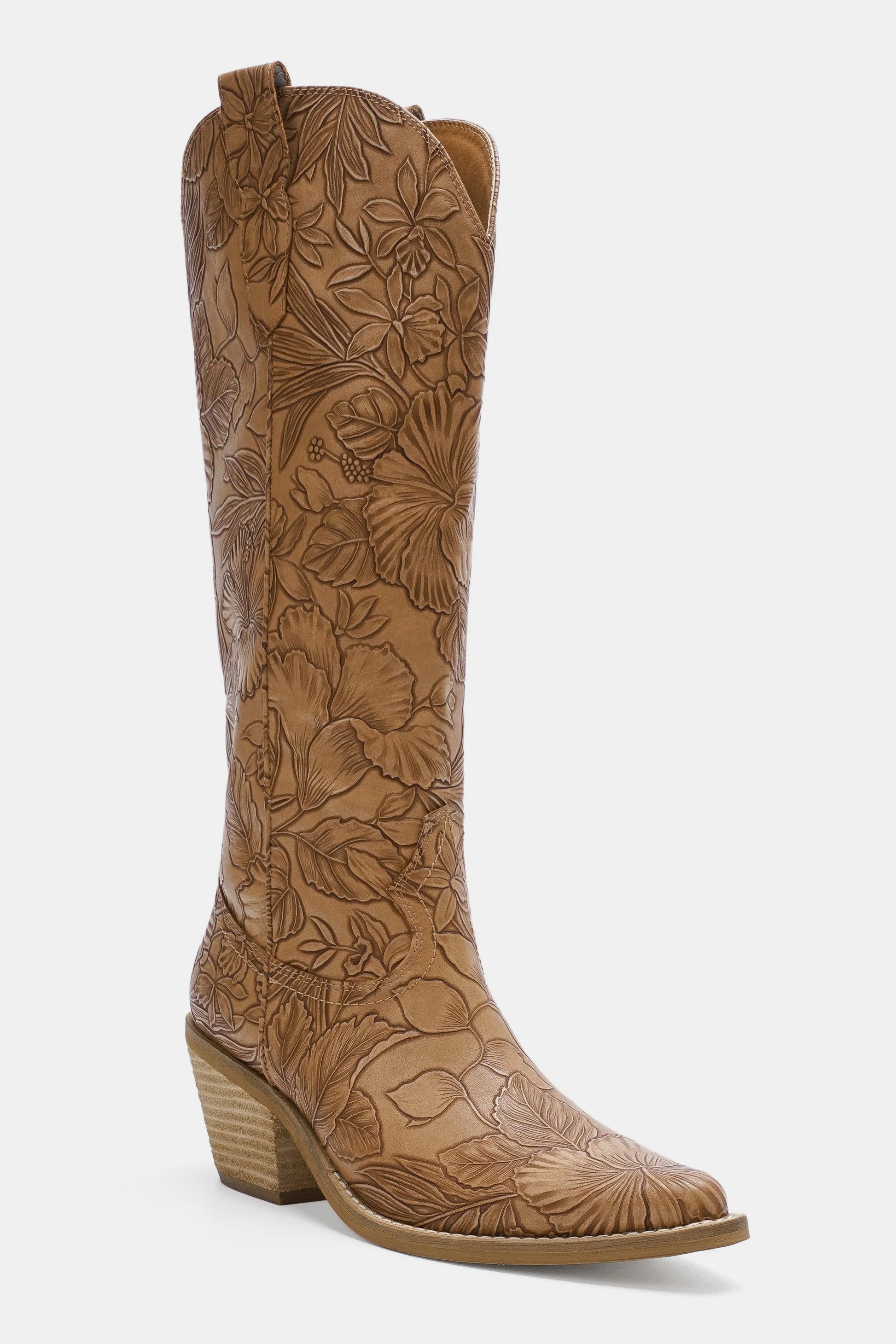 Embossed Floral Point Toe Block Heel Boots Boots