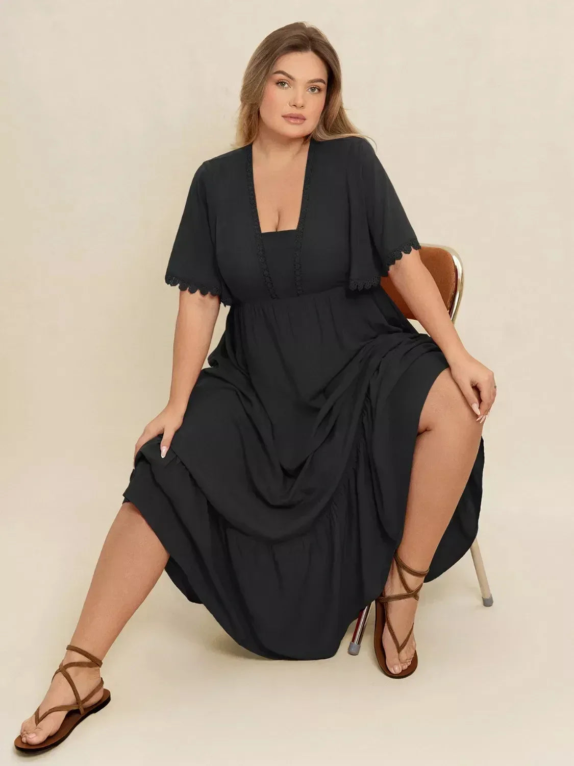 Plus Size Boho Ruffled Maxi Dress with Flutter Sleeves - DAVERRI FASHIONS