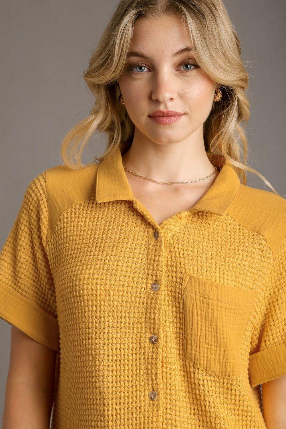 Umgee Full Size Waffle-Knit Short Sleeve Button Down Shirt Plus Size | Daverri Fashions