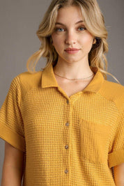 Umgee Full Size Waffle-Knit Short Sleeve Button Down Shirt Plus Size | Daverri Fashions