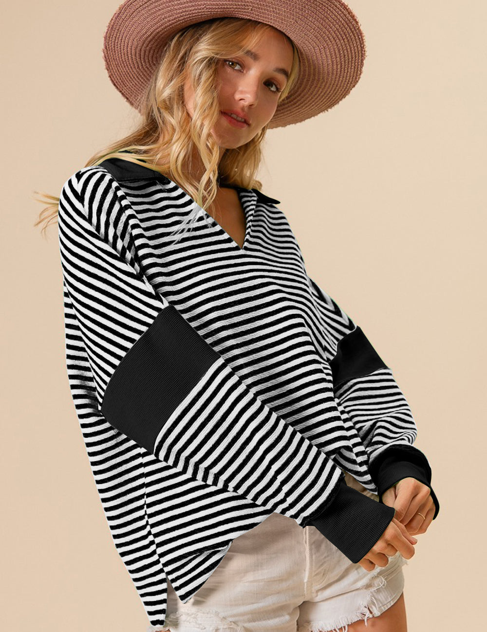 BiBi Striped Contrast Long Sleeve Knit Top Tops