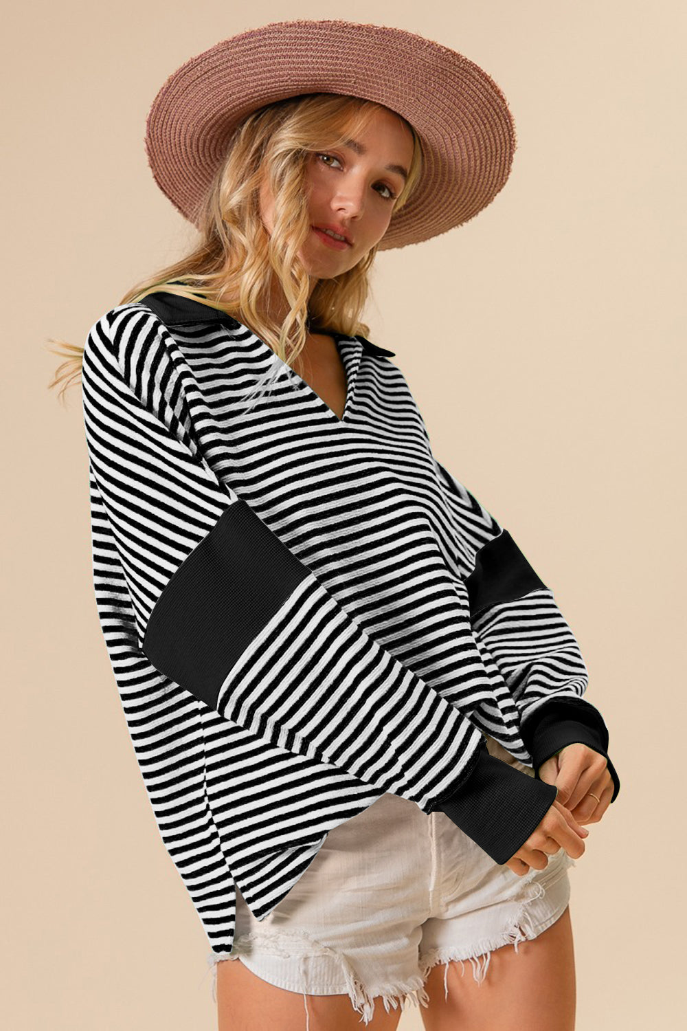 BiBi Striped Contrast Long Sleeve Knit Top Tops