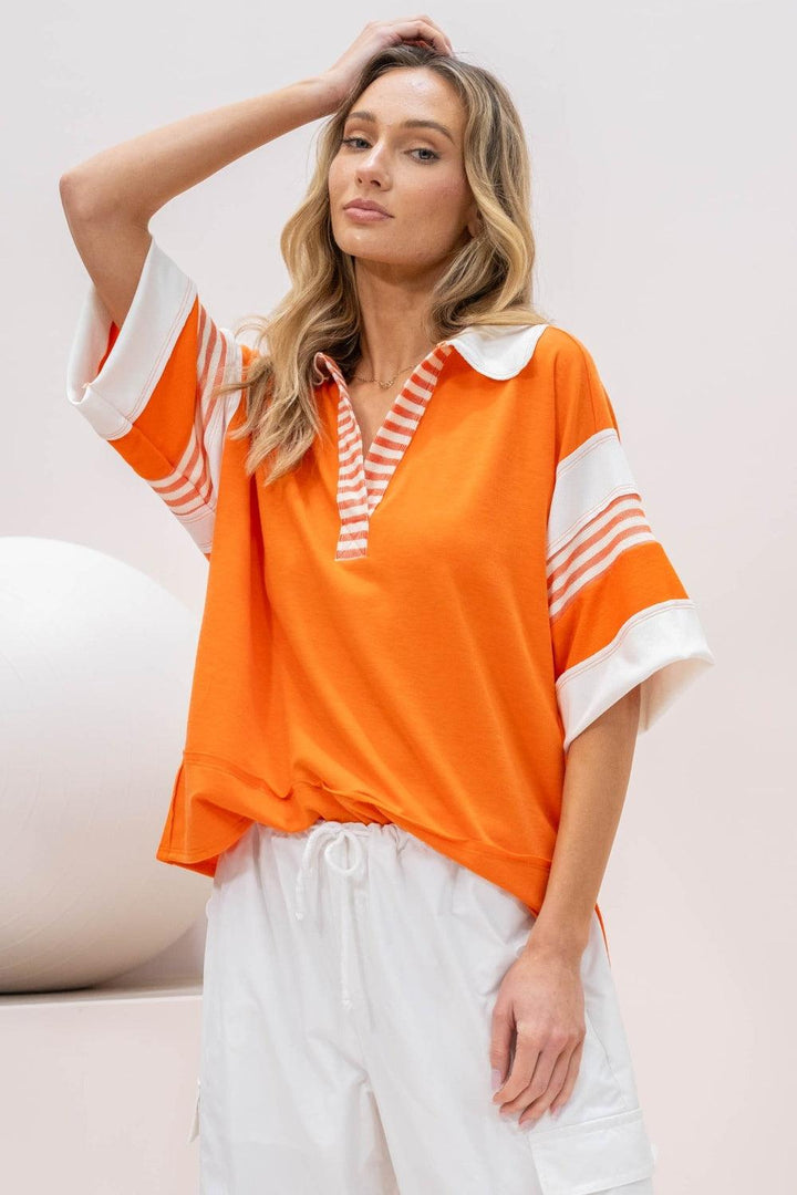 Contrast Striped Polo Shirt Orange Shirts & Tops