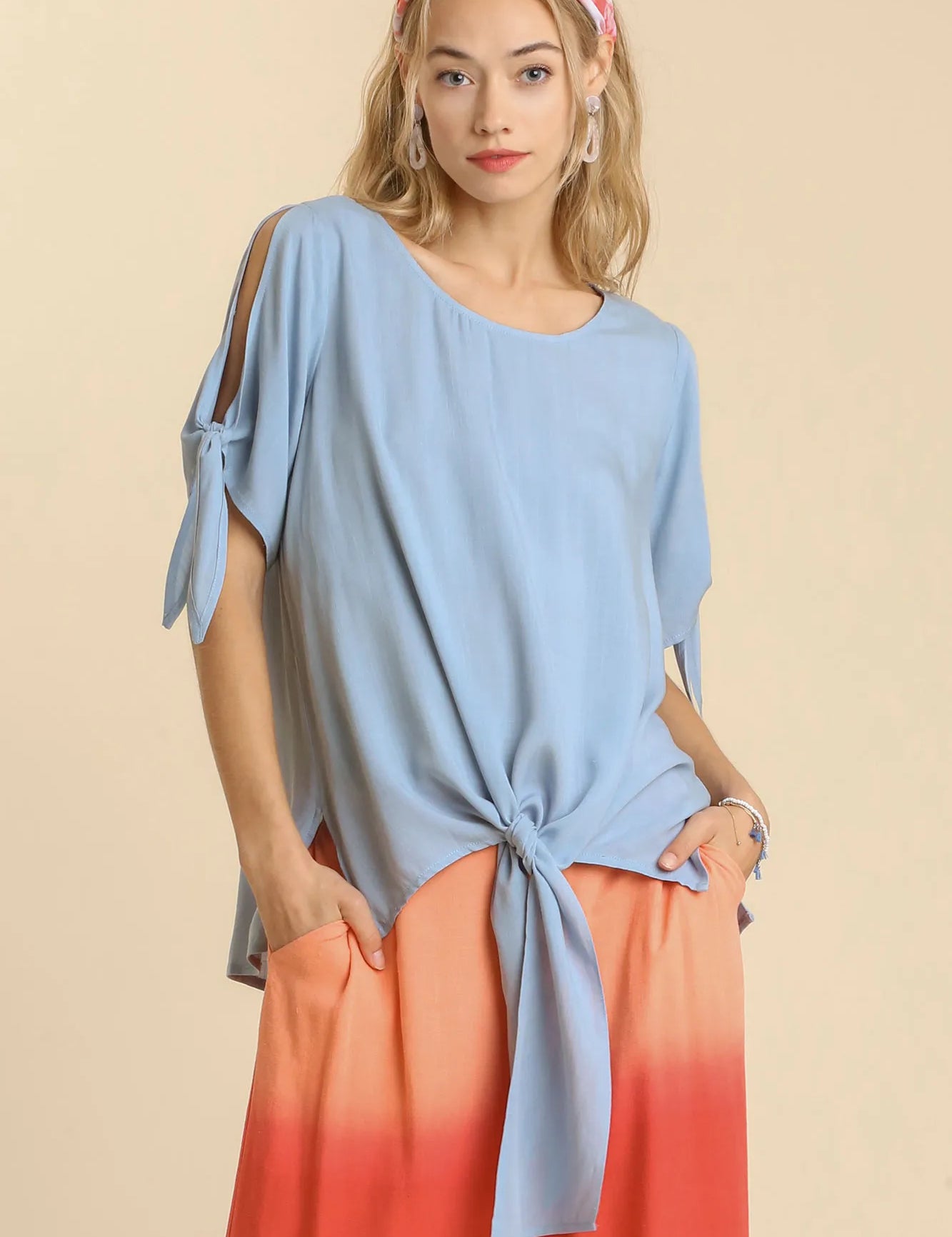 DUSTY BLUE Umgee Cold Shoulder Short Sleeve Round Neck Top with Side Slits and Tie-able Knot Details | Tops Daverri Fashions