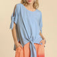Umgee Cold Shoulder Short Sleeve Round Neck Top with Side Slits and Tie-able Knot Details DUSTY BLUE
