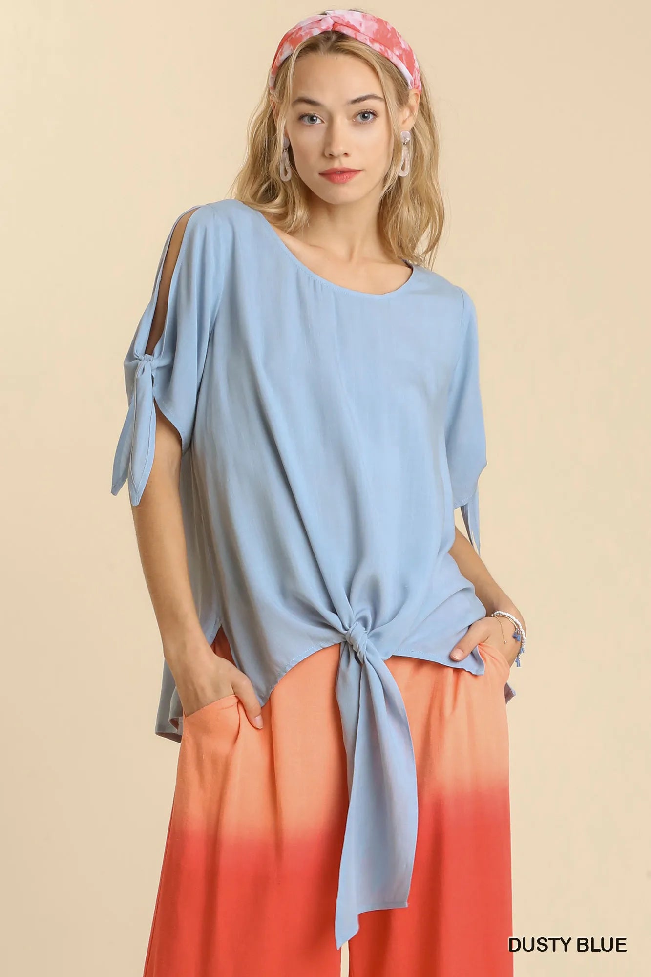 Umgee Cold Shoulder Short Sleeve Round Neck Top with Side Slits and Tie-able Knot Details DUSTY BLUE