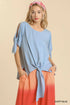 Umgee Cold Shoulder Short Sleeve Round Neck Top with Side Slits and Tie-able Knot Details DUSTY BLUE