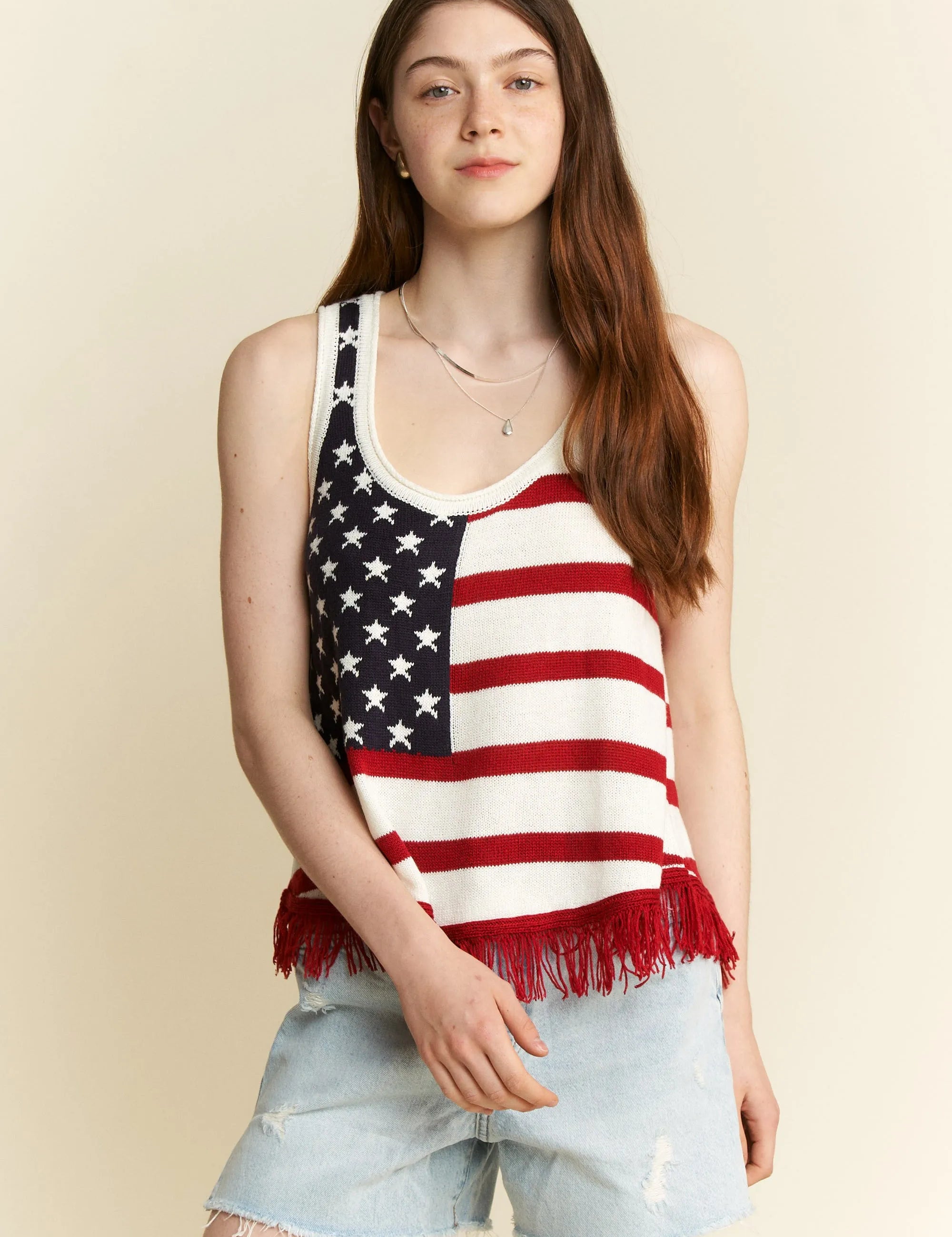 CREAM Jade By Jane Full Size American Flag Fringe Tank Top | Tank Tops Daverri Fashions