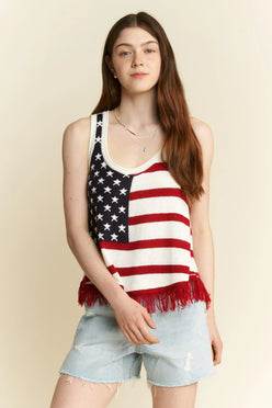 Jade By Jane Full Size American Flag Fringe Tank Top - DAVERRI FASHIONS