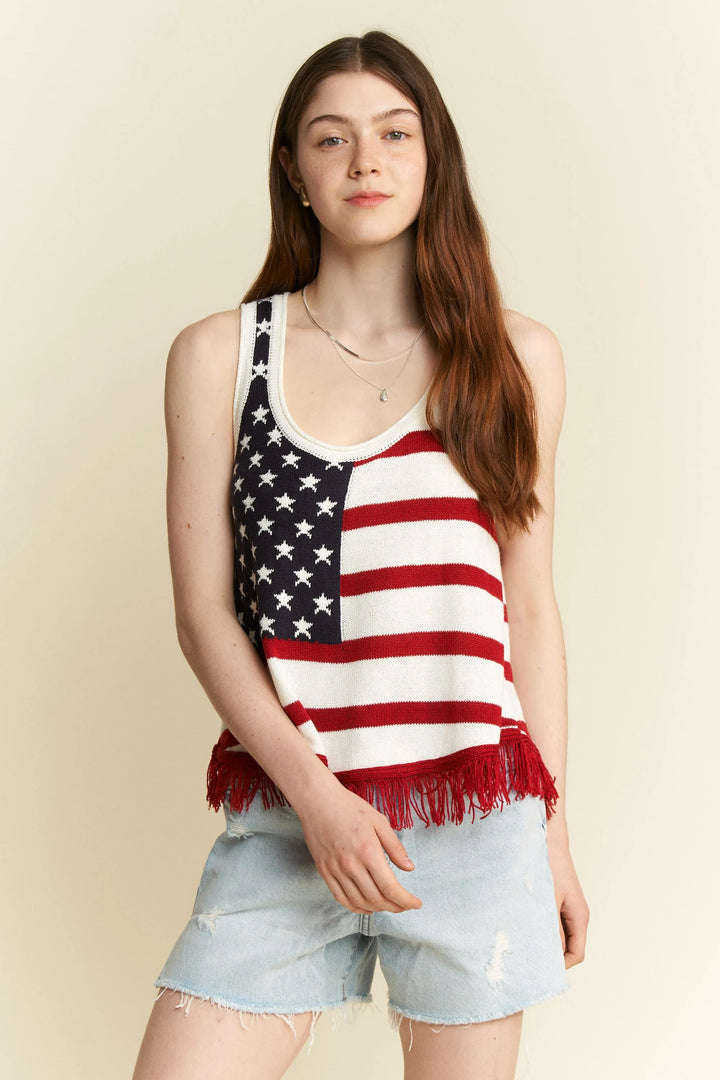 Jade By Jane Full Size American Flag Fringe Tank Top CREAM Tank Tops