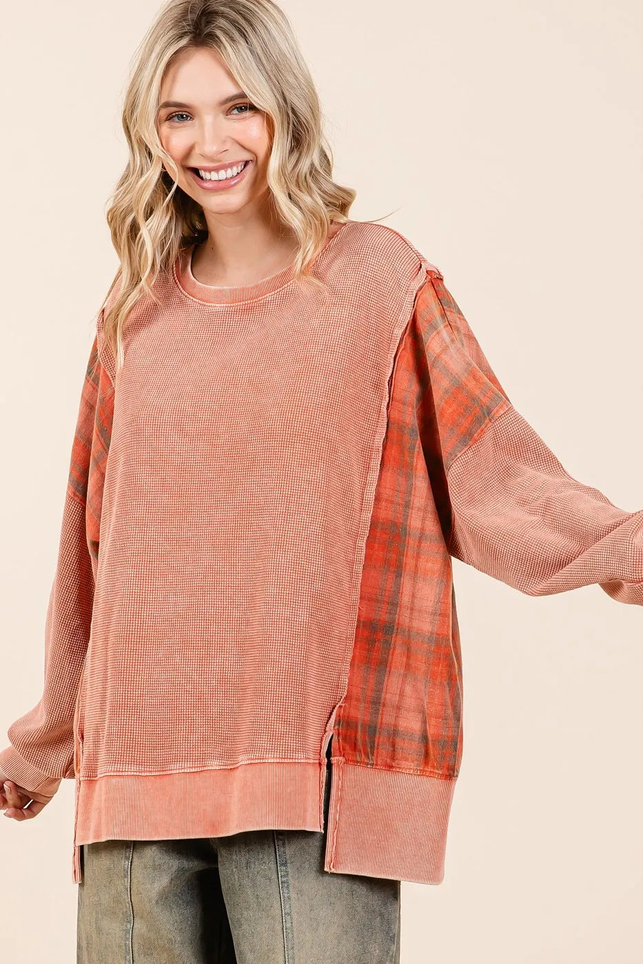 Mittoshop Plaid Panel Mineral Wash French Terry Sweatshirt