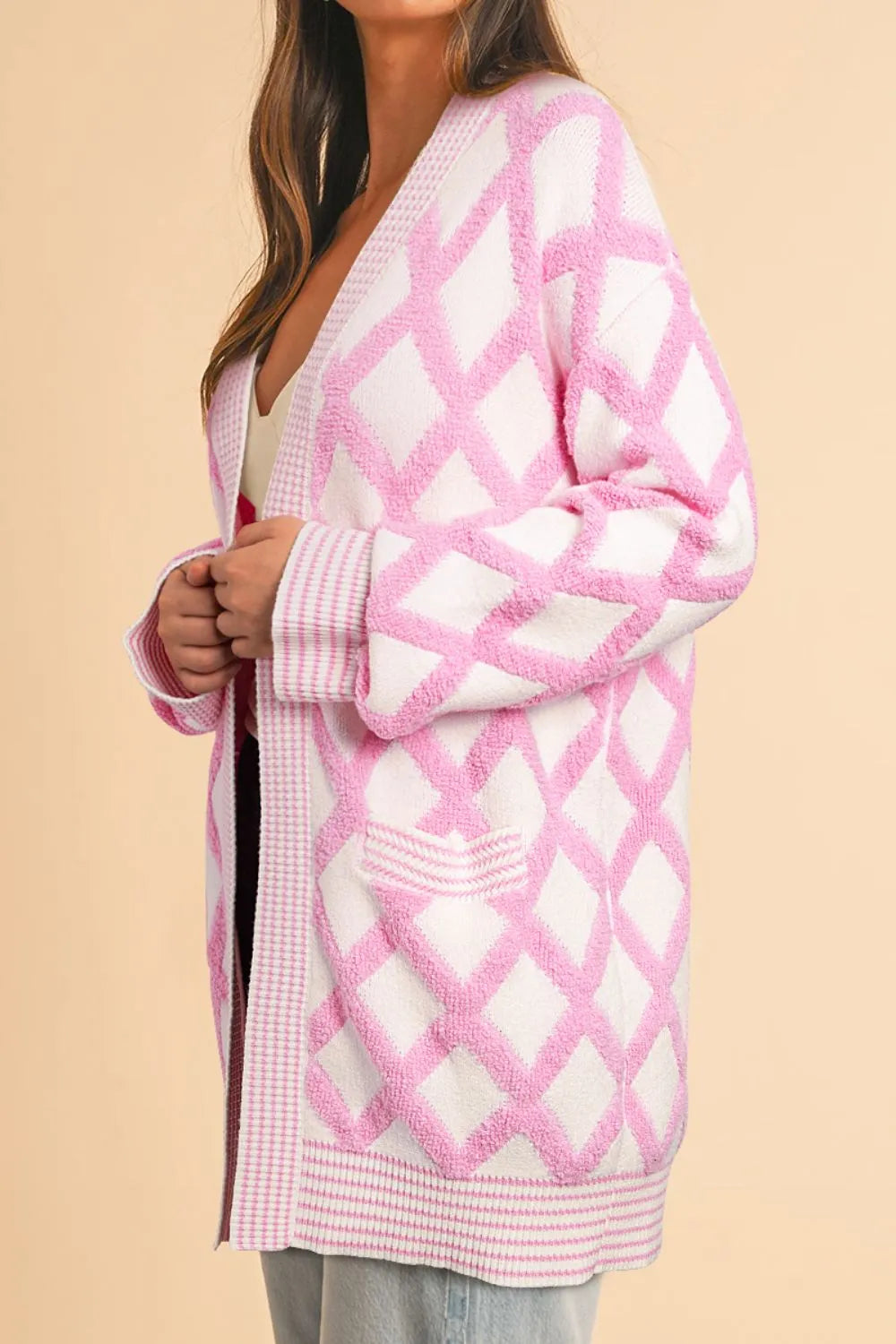 Geometric Open Front Long Sleeve Cardigan | Cardigans Daverri Fashions