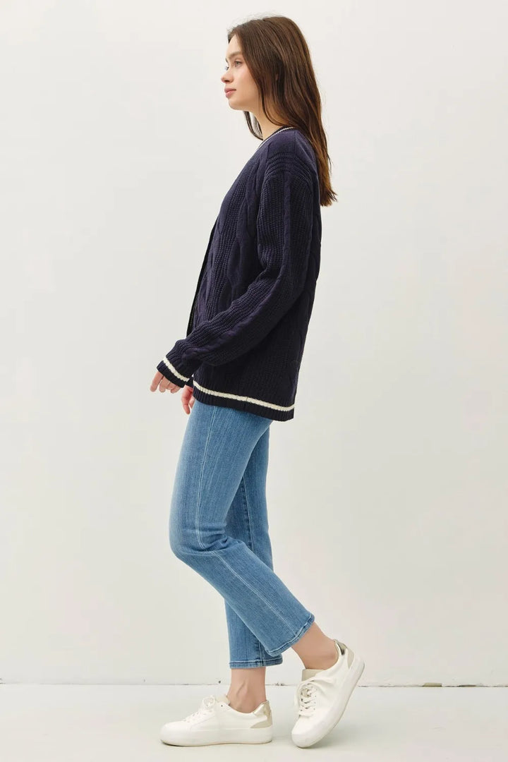 Be Cool Contrast Trim Cable-Knit V-Neck Cardigan Cardigans