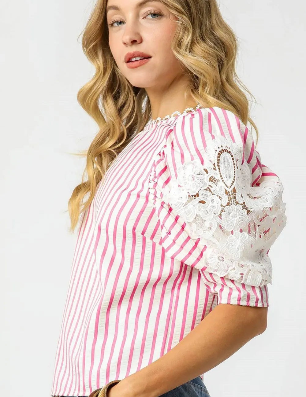Umgee Striped Lace Puff Sleeve Blouse | Daverri Fashions