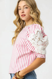 Umgee Striped Lace Puff Sleeve Blouse | Daverri Fashions