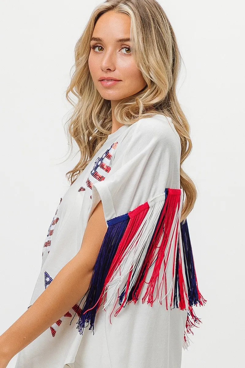 BiBi American Flag Sequin Star Fringe Top | Tops Daverri Fashions