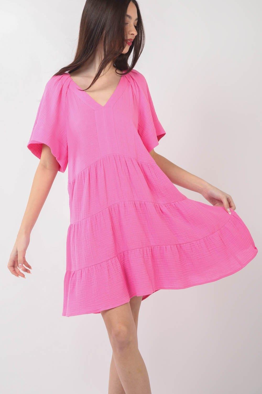 VERY J Texture V-Neck Ruffled Tiered Dress Midi Dresses