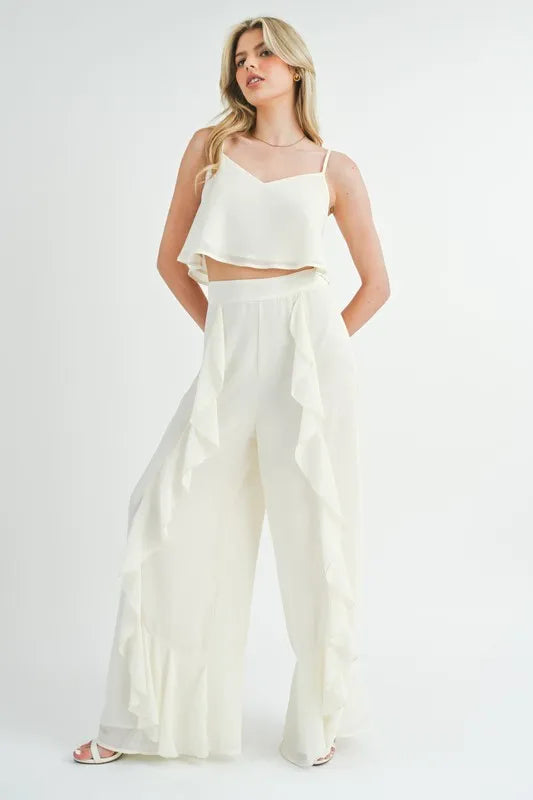 MABLE Crop Cami and Ruffled Wide Leg Pants Set Outfit Sets