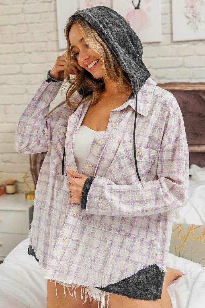 BiBi Casual Check Shirts With Hood Tops