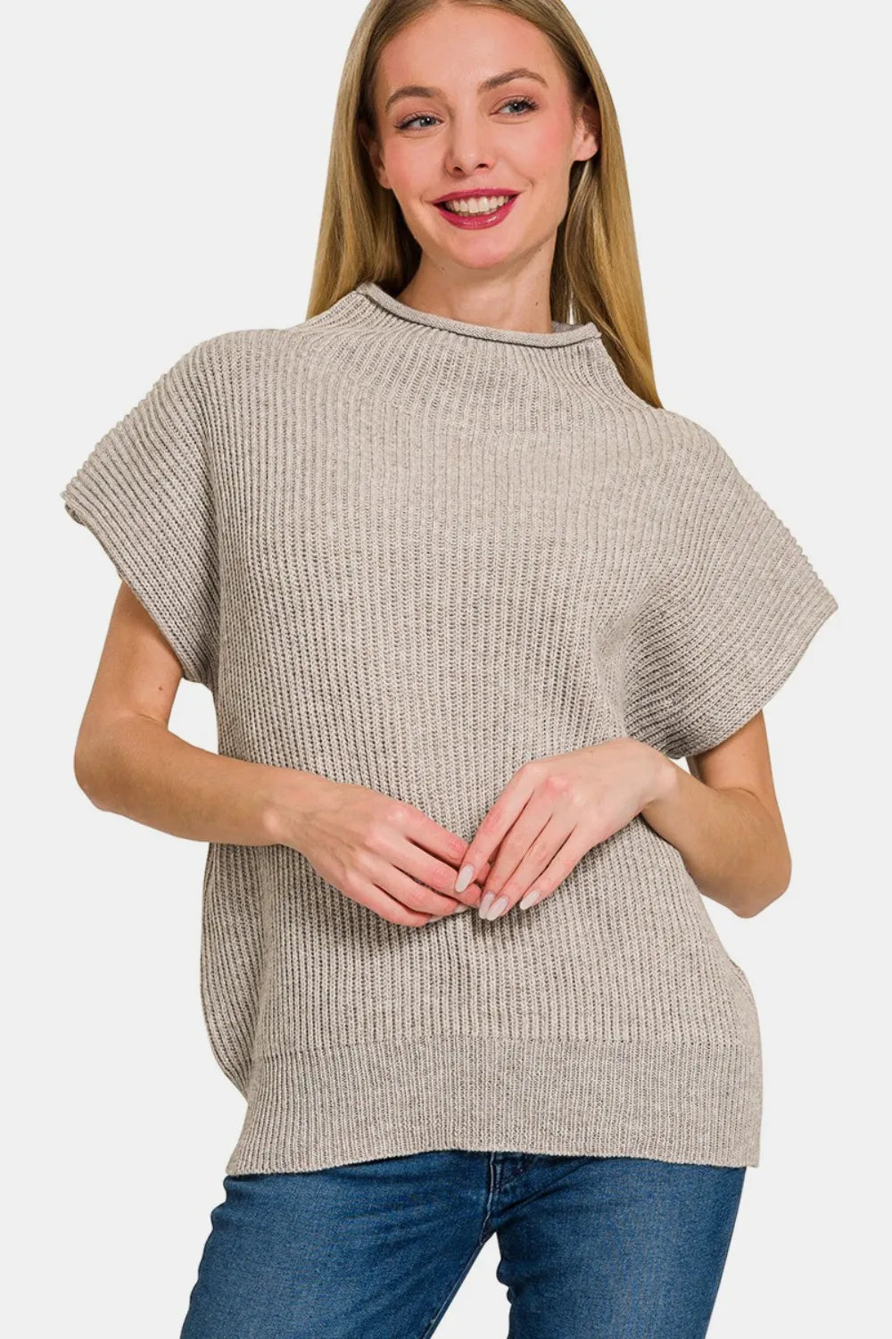 H Mocha Zenana Short Sleeve Mock Neck Sweater | Sweaters Daverri Fashions