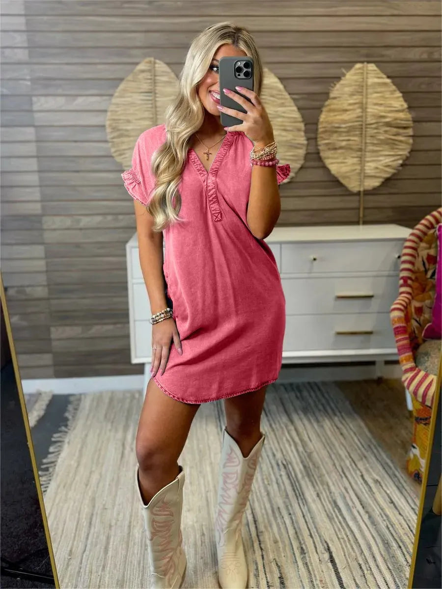 Red Full Size V-Neck Short Sleeve Denim Dress Plus Size | Daverri Fashions