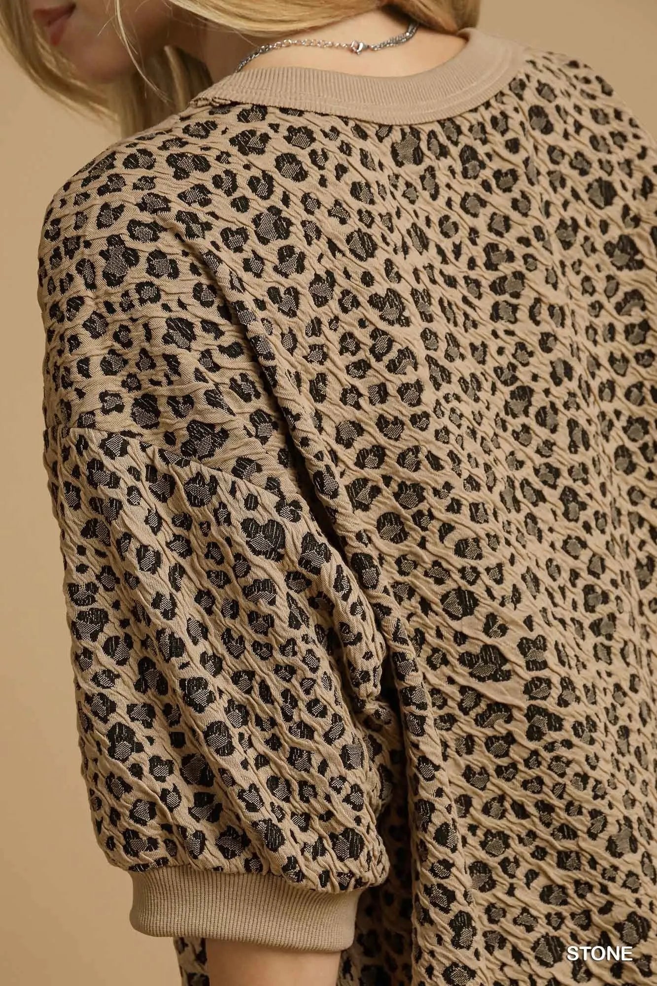 Umgee Leopard Knit Jacquard Puff Sleeve Sweatshirt Sweaters