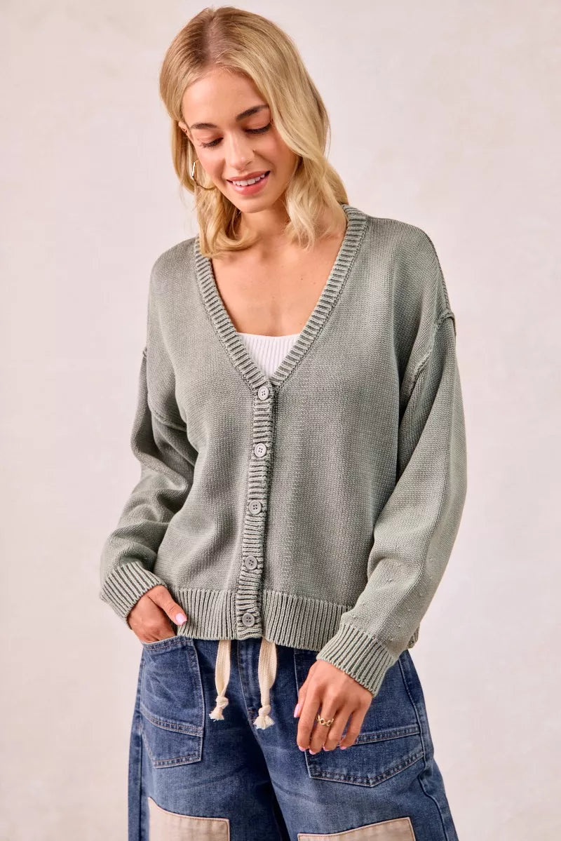BiBi Washed Sweater V Neck Cardigan | Daverri Fashions