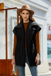 Black Fuzzy Collared Neck Button Up Vest Coat | Vest Jackets Daverri Fashions