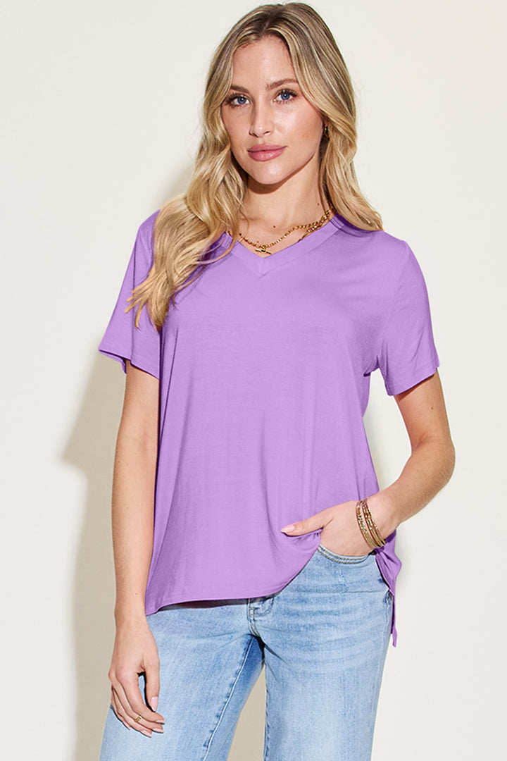 Bamboo Full Size V-Neck High-Low T-Shirt Lavender S Tops