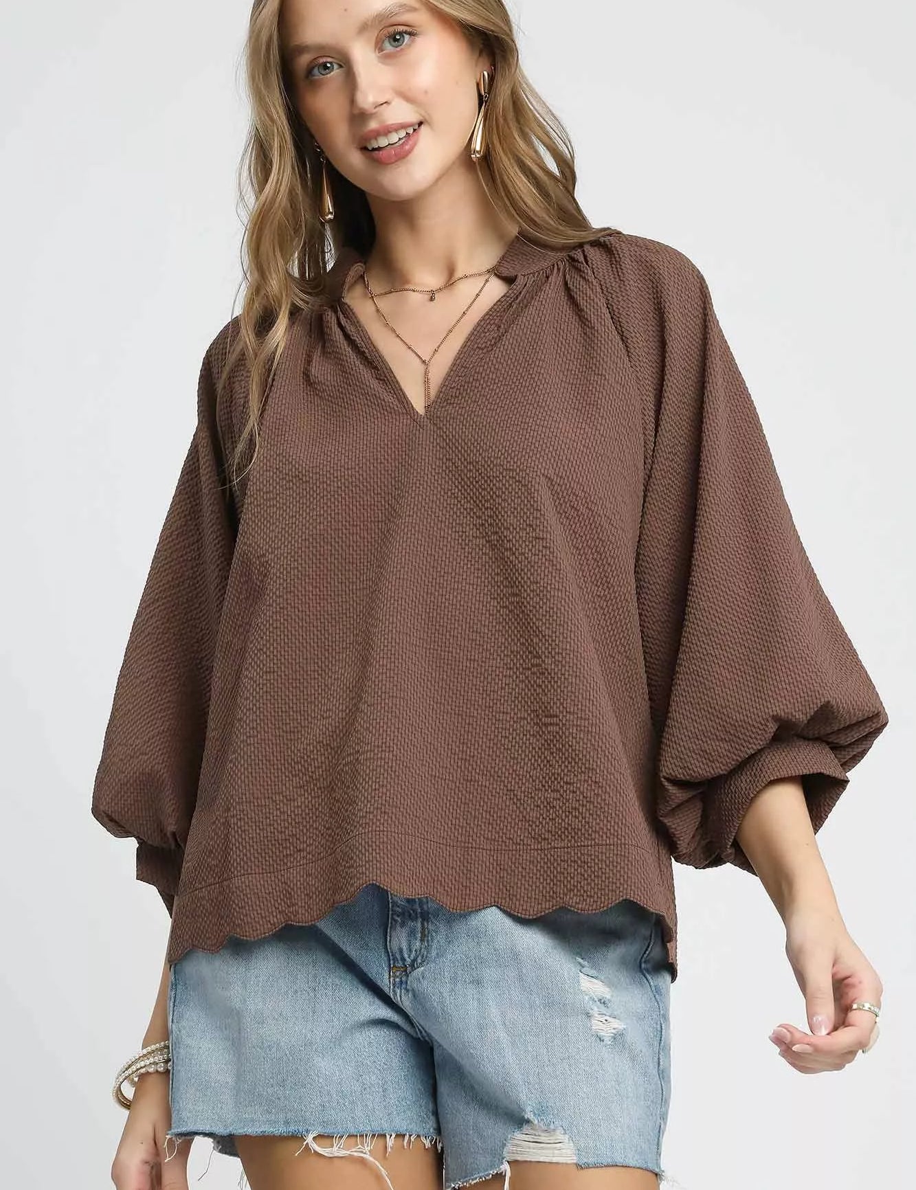 Chocolate Umgee Full Size Textured Notched Balloon Sleeve Blouse Plus Size | Blouses Daverri Fashions