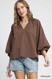 Chocolate Umgee Full Size Textured Notched Balloon Sleeve Blouse Plus Size | Blouses Daverri Fashions