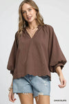 Umgee Full Size Textured Notched Balloon Sleeve Blouse Plus Size - DAVERRI FASHIONS