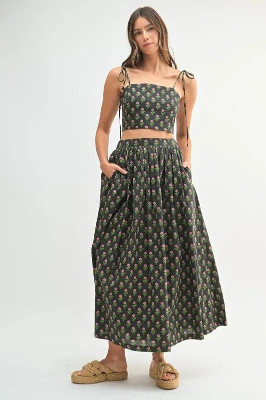 MABLE Floral Crop Top and Skirt Set Black S