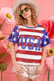 BiBi American Flag Theme USA Lettering Sequin Top | Tops Daverri Fashions