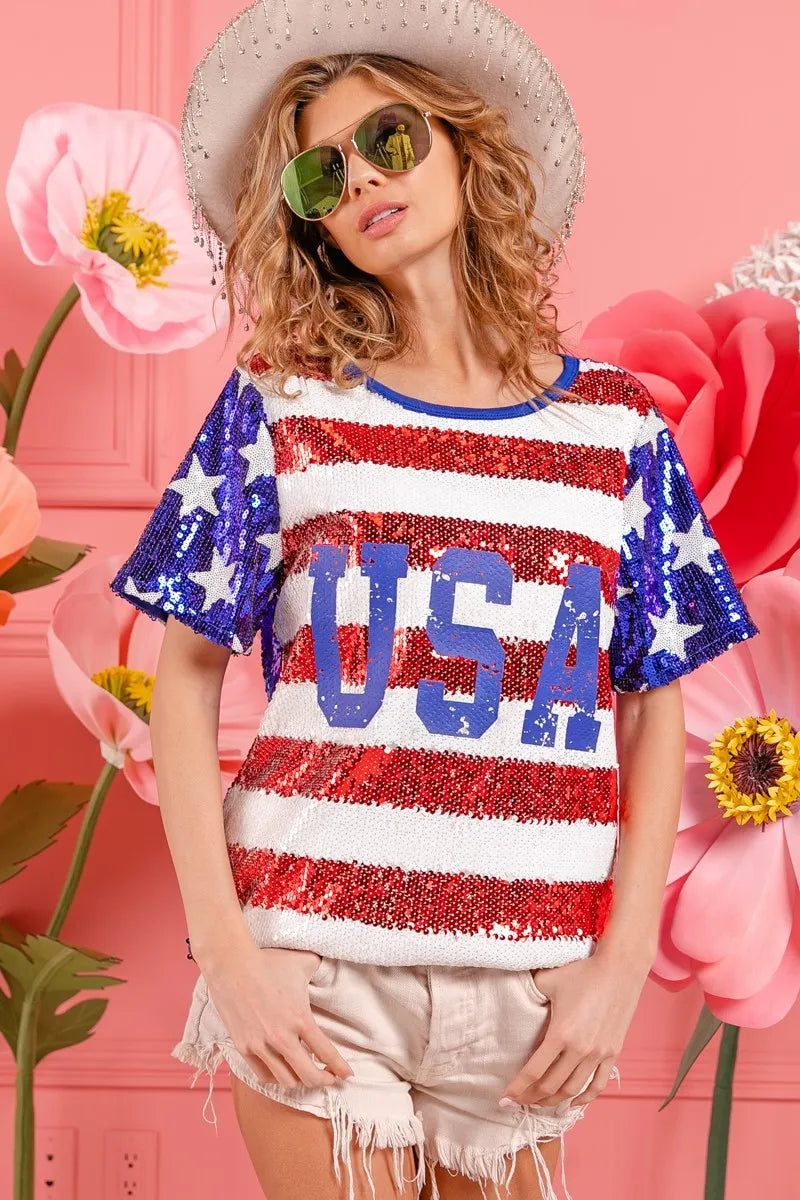BiBi American Flag Theme USA Lettering Sequin Top Tops