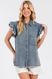 Mittoshop Washed Denim Ruffle Short Sleeve Collared Shirt | Shirts Daverri Fashions