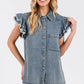 Mittoshop Washed Denim Ruffle Short Sleeve Collared Shirt - DAVERRI FASHIONS