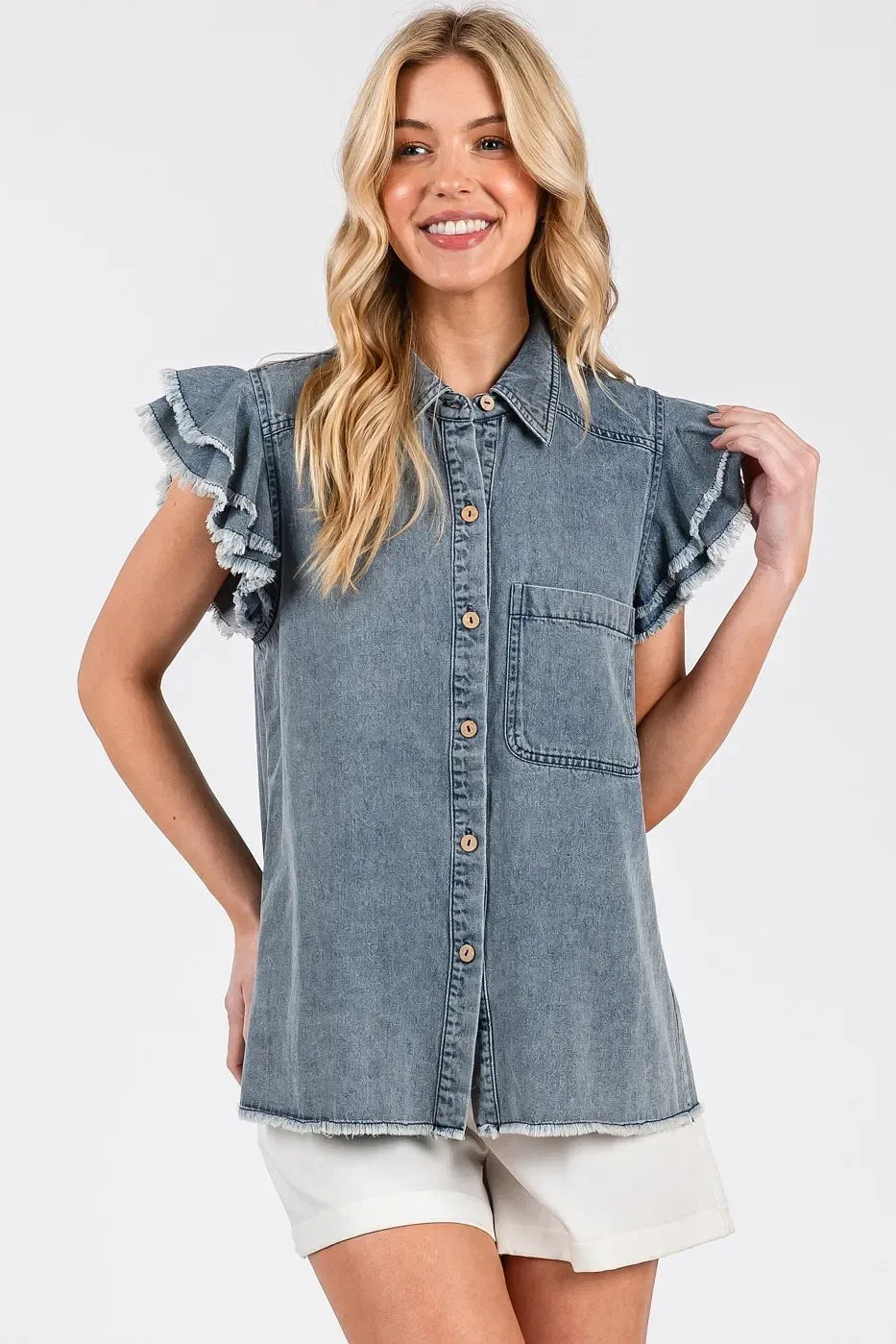 Mittoshop Washed Denim Ruffle Short Sleeve Collared Shirt - DAVERRI FASHIONS