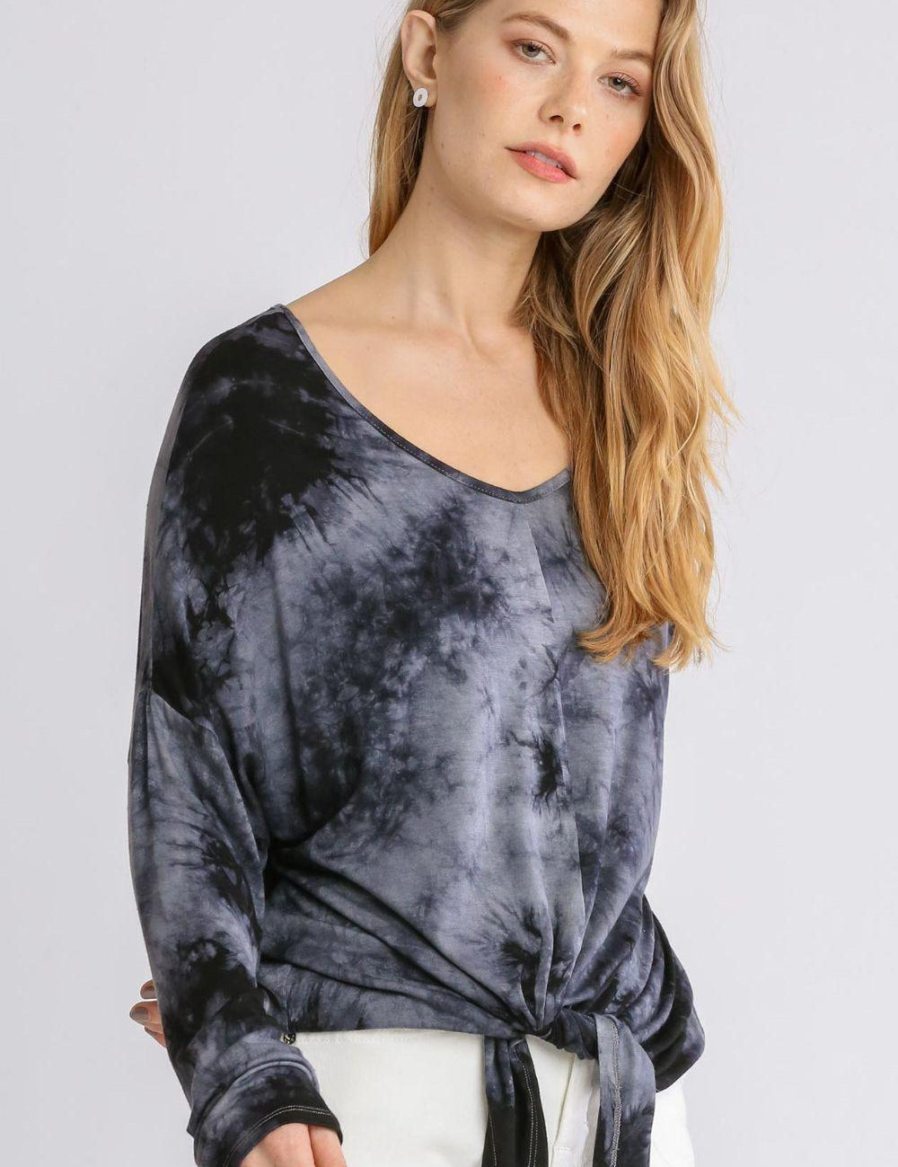 Dark Gray Umgee Full Size Tie Dye Lightweight Long Sleeve Top Plus Size | Tops Daverri Fashions