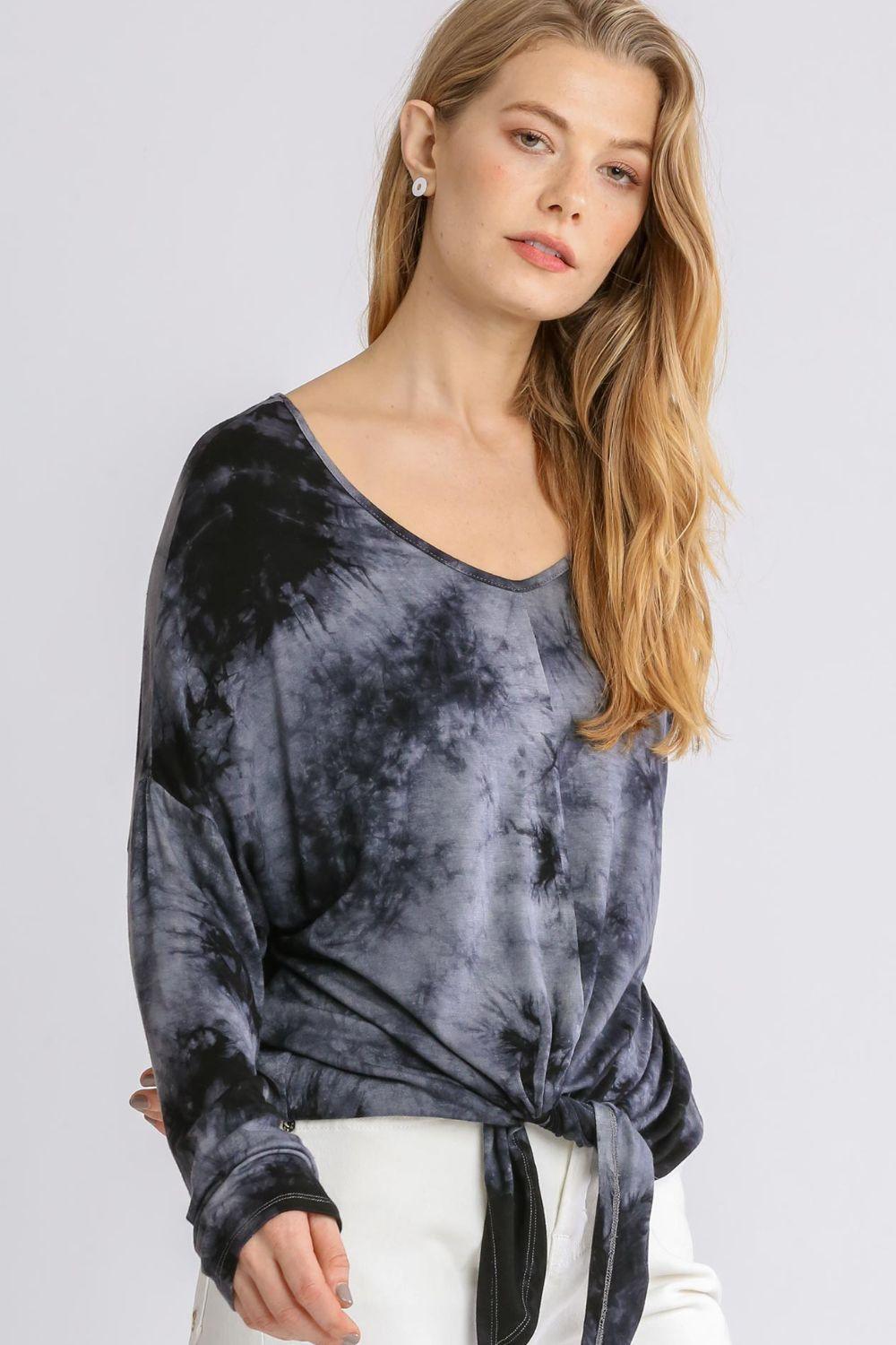 Umgee Full Size Tie Dye Lightweight Long Sleeve Top Plus Size Dark Gray