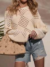 Openwork Boat Neck Long Sleeve Sweater | Sweaters Daverri Fashions