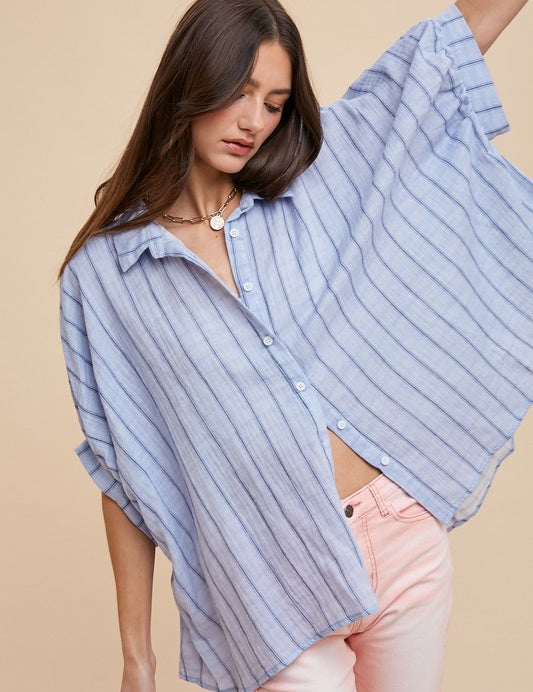 Annie Wear Striped Button Up Half Sleeve Shirt Lt Blue Tops