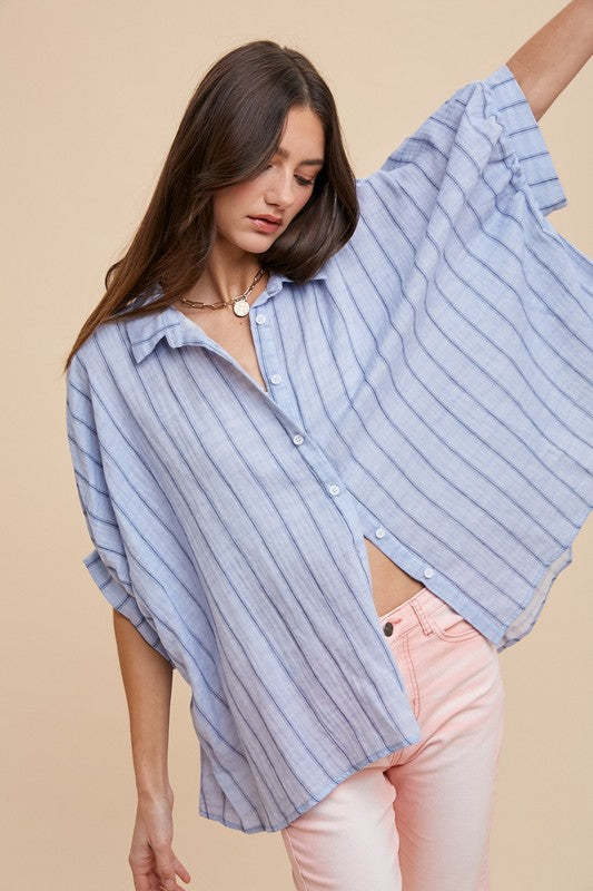 Annie Wear Striped Button Up Half Sleeve Shirt Lt Blue Tops