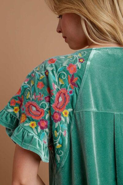 Umgee Velvet Embroidery Short Sleeve Blouse Blouses