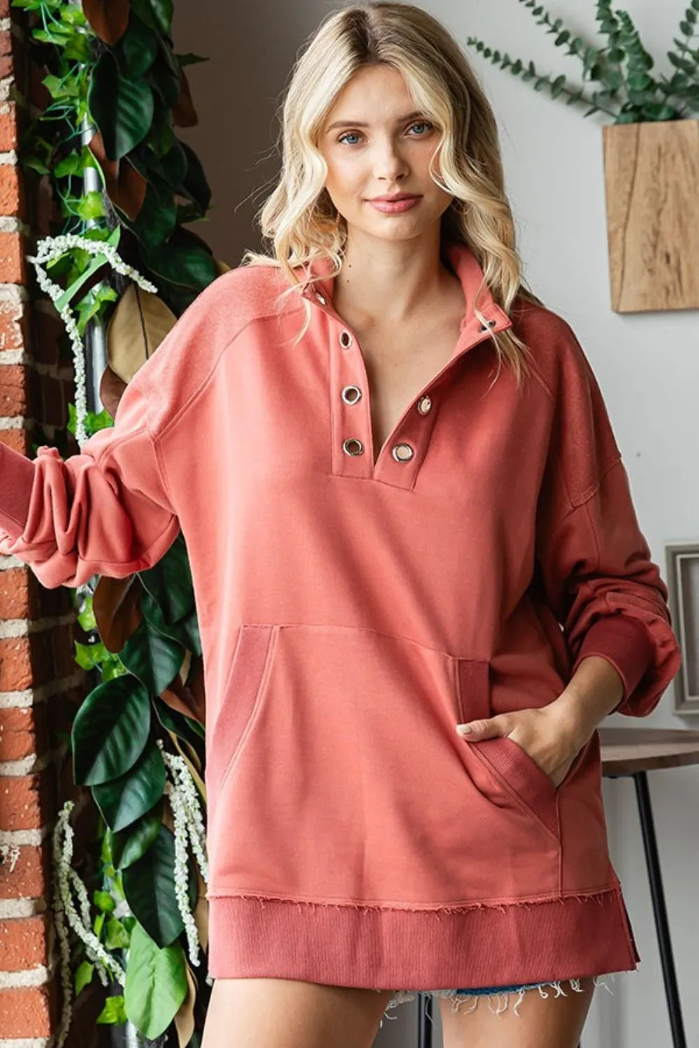 First Love Grommet Split Neck Kangaroo Pocket Sweatshirt Marsala Sweatshirts