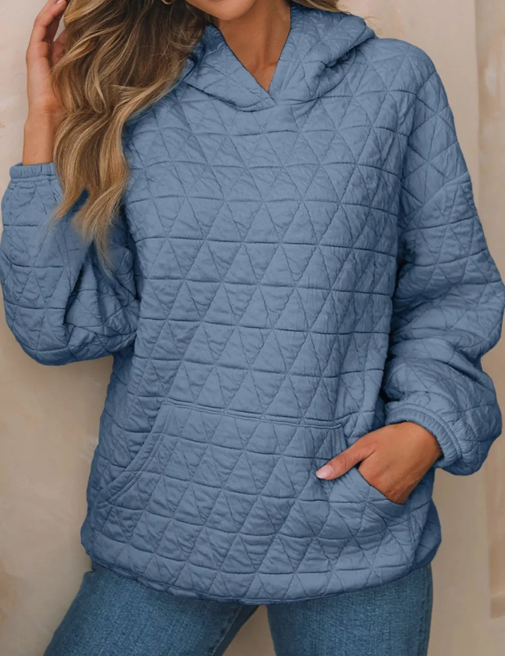 Dusty Blue Textured Long Sleeve Hoodie with Pockets | Hoodies Daverri Fashions