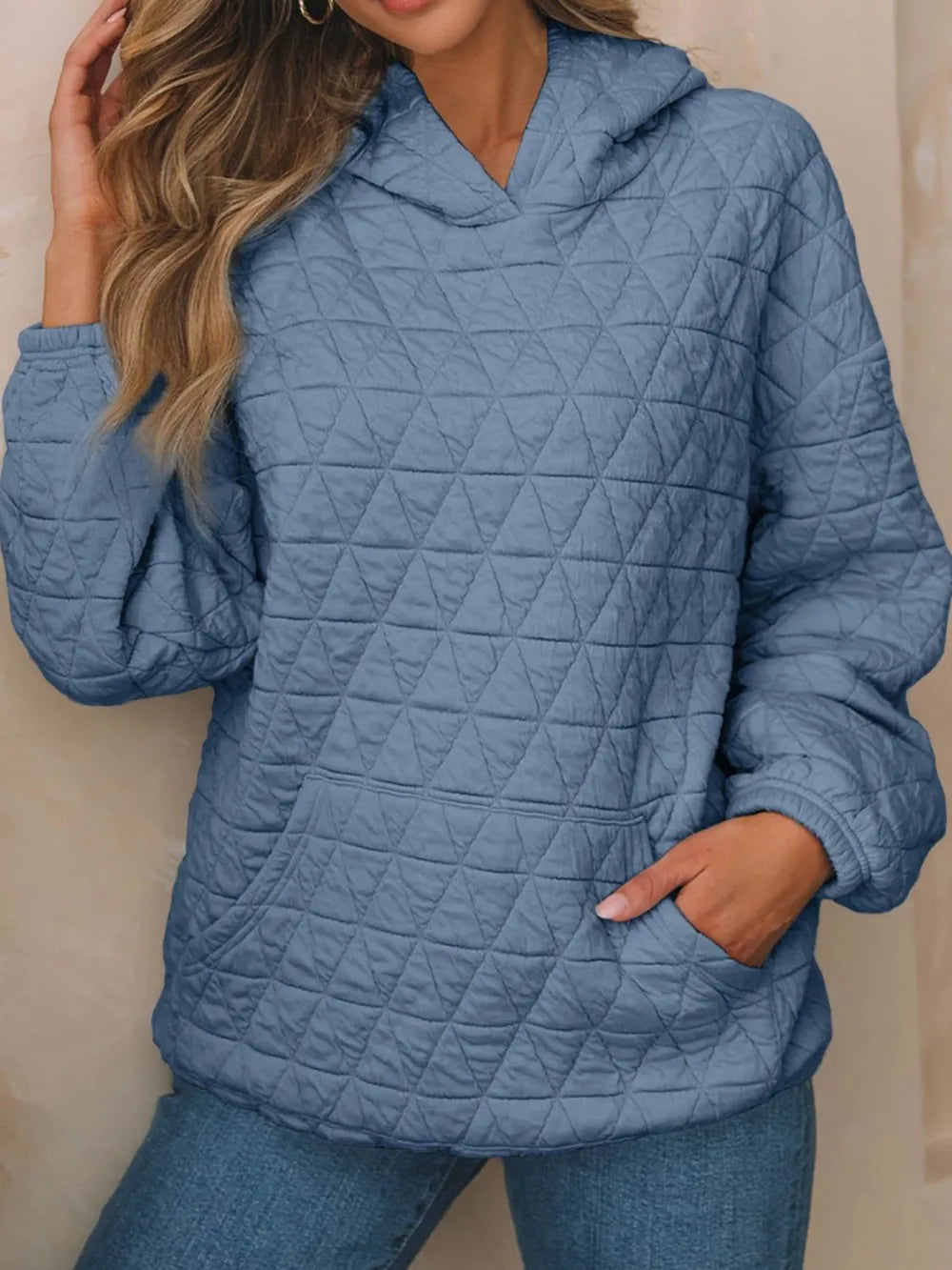 Dusty Blue Textured Long Sleeve Hoodie with Pockets | Hoodies Daverri Fashions