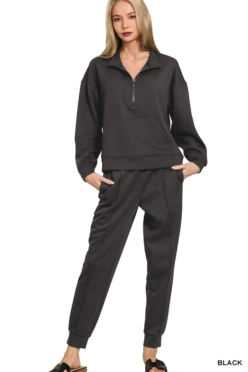 BLACK Zenana Scuba Half Zip Sweatshirt and Joggers Set | Loungewear Sets Daverri Fashions