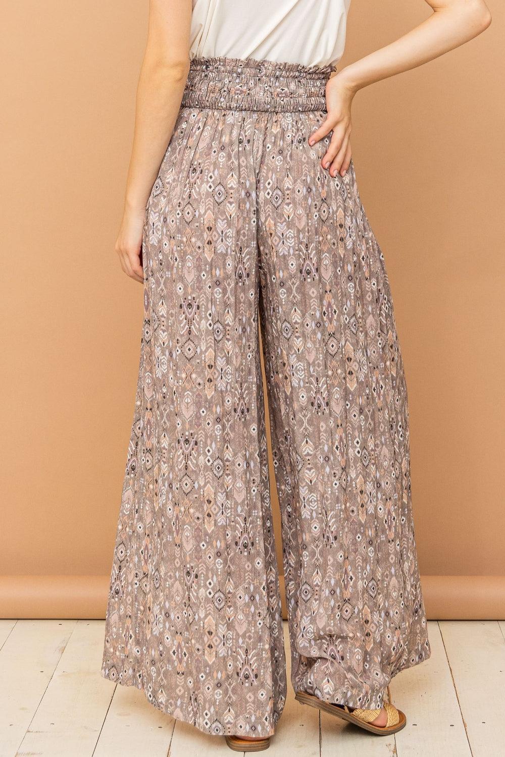 And The Why Printed Smocked Waist Slit Wide Leg Pants - DAVERRI FASHIONS