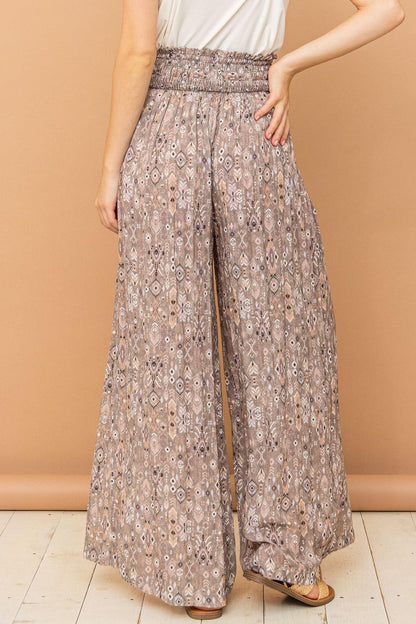 And The Why Printed Smocked Waist Slit Wide Leg Pants - DAVERRI FASHIONS